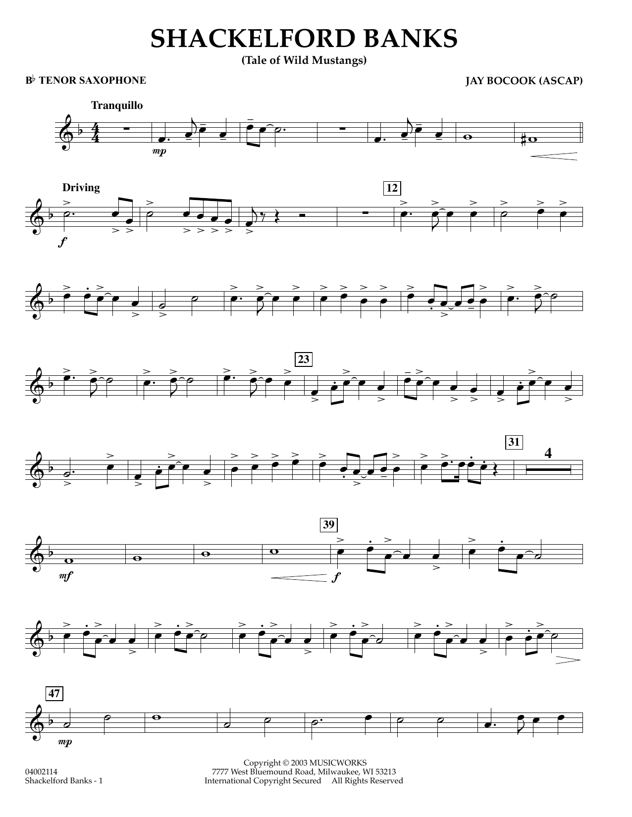 Learn to play Jay Bocook Shackelford Banks - Bb Tenor Saxophone sheet music for Concert Band in minutes. Jay Bocook Shackelford Banks - Bb Tenor Saxophone sheet music preview music notes and score for Concert Band including 2 page(s)