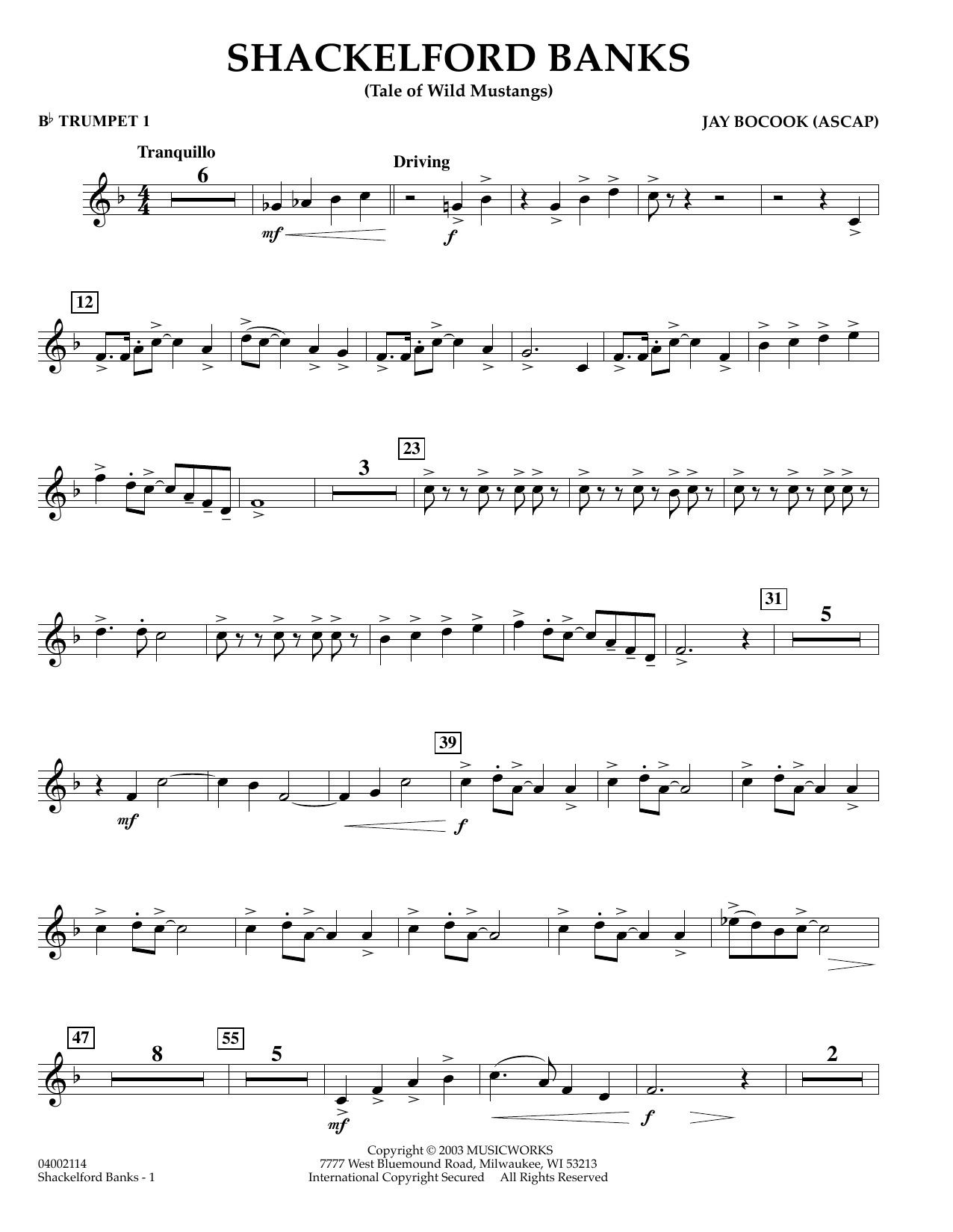 Learn to play Jay Bocook Shackelford Banks - Bb Trumpet 1 sheet music for Concert Band in minutes. Jay Bocook Shackelford Banks - Bb Trumpet 1 sheet music preview music notes and score for Concert Band including 2 page(s)