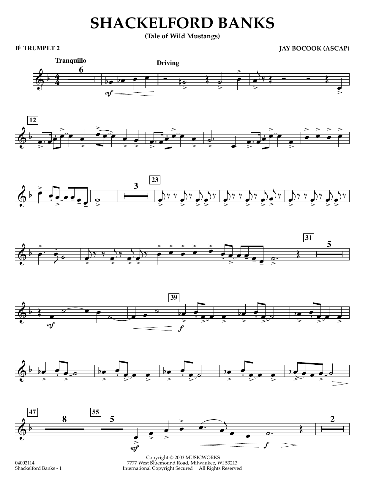 Learn to play Jay Bocook Shackelford Banks - Bb Trumpet 2 sheet music for Concert Band in minutes. Jay Bocook Shackelford Banks - Bb Trumpet 2 sheet music preview music notes and score for Concert Band including 2 page(s)
