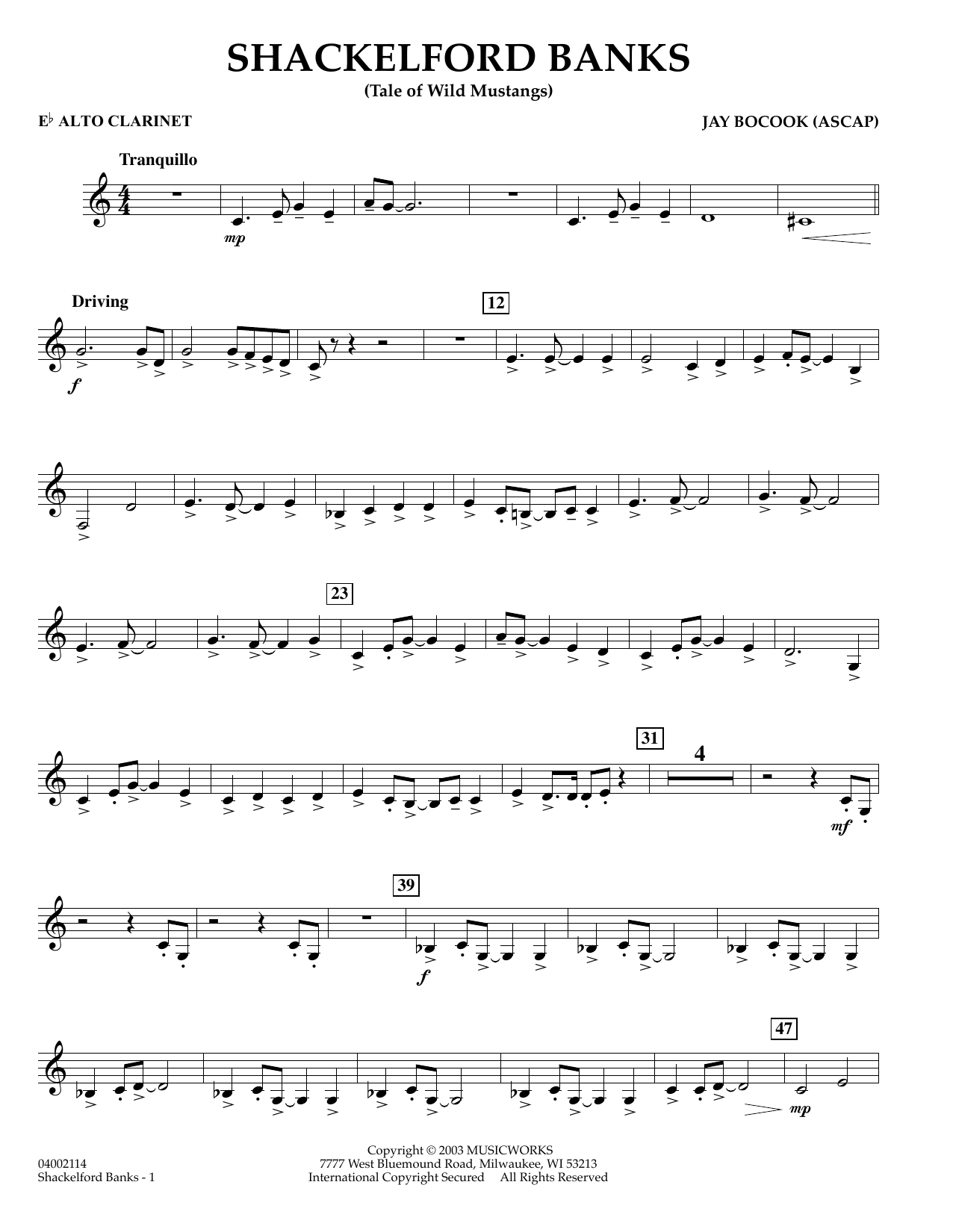 Learn to play Jay Bocook Shackelford Banks - Eb Alto Clarinet sheet music for Concert Band in minutes. Jay Bocook Shackelford Banks - Eb Alto Clarinet sheet music preview music notes and score for Concert Band including 2 page(s)