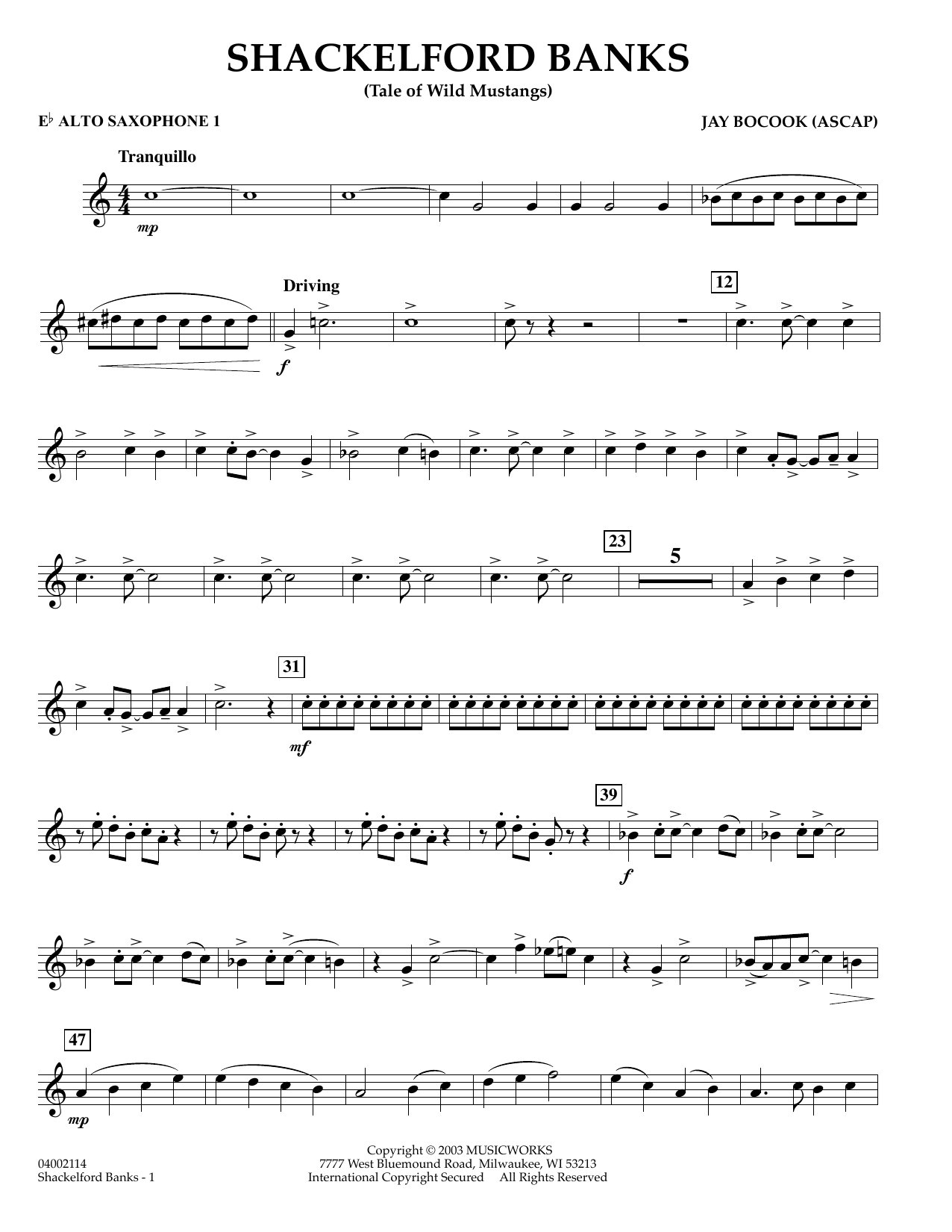Learn to play Jay Bocook Shackelford Banks - Eb Alto Saxophone 1 sheet music for Concert Band in minutes. Jay Bocook Shackelford Banks - Eb Alto Saxophone 1 sheet music preview music notes and score for Concert Band including 2 page(s)