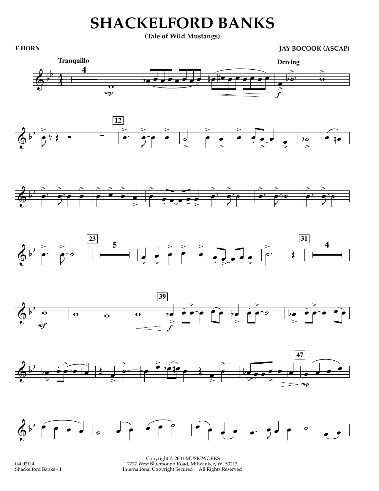 Learn to play Jay Bocook Shackelford Banks - F Horn sheet music for Concert Band in minutes. Jay Bocook Shackelford Banks - F Horn sheet music preview music notes and score for Concert Band including 2 page(s)