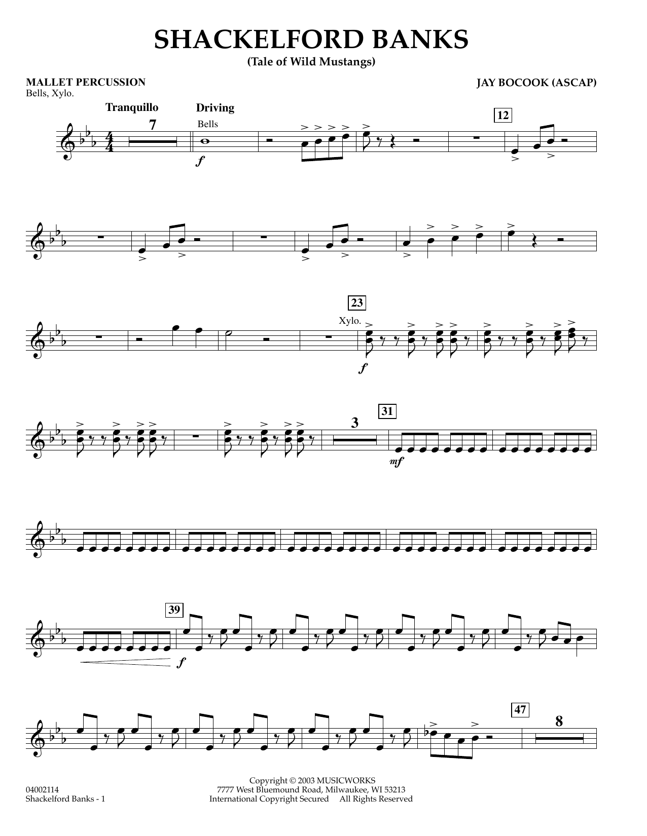 Learn to play Jay Bocook Shackelford Banks - Mallet Percussion sheet music for Concert Band in minutes. Jay Bocook Shackelford Banks - Mallet Percussion sheet music preview music notes and score for Concert Band including 2 page(s)