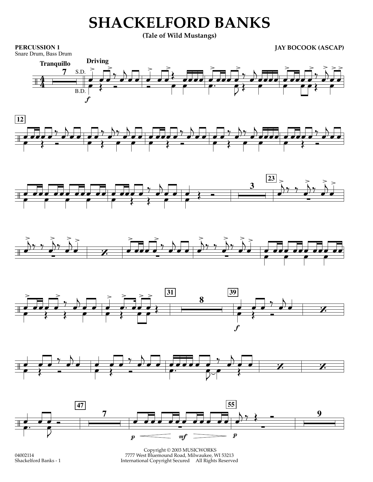 Learn to play Jay Bocook Shackelford Banks - Percussion 1 sheet music for Concert Band in minutes. Jay Bocook Shackelford Banks - Percussion 1 sheet music preview music notes and score for Concert Band including 2 page(s)