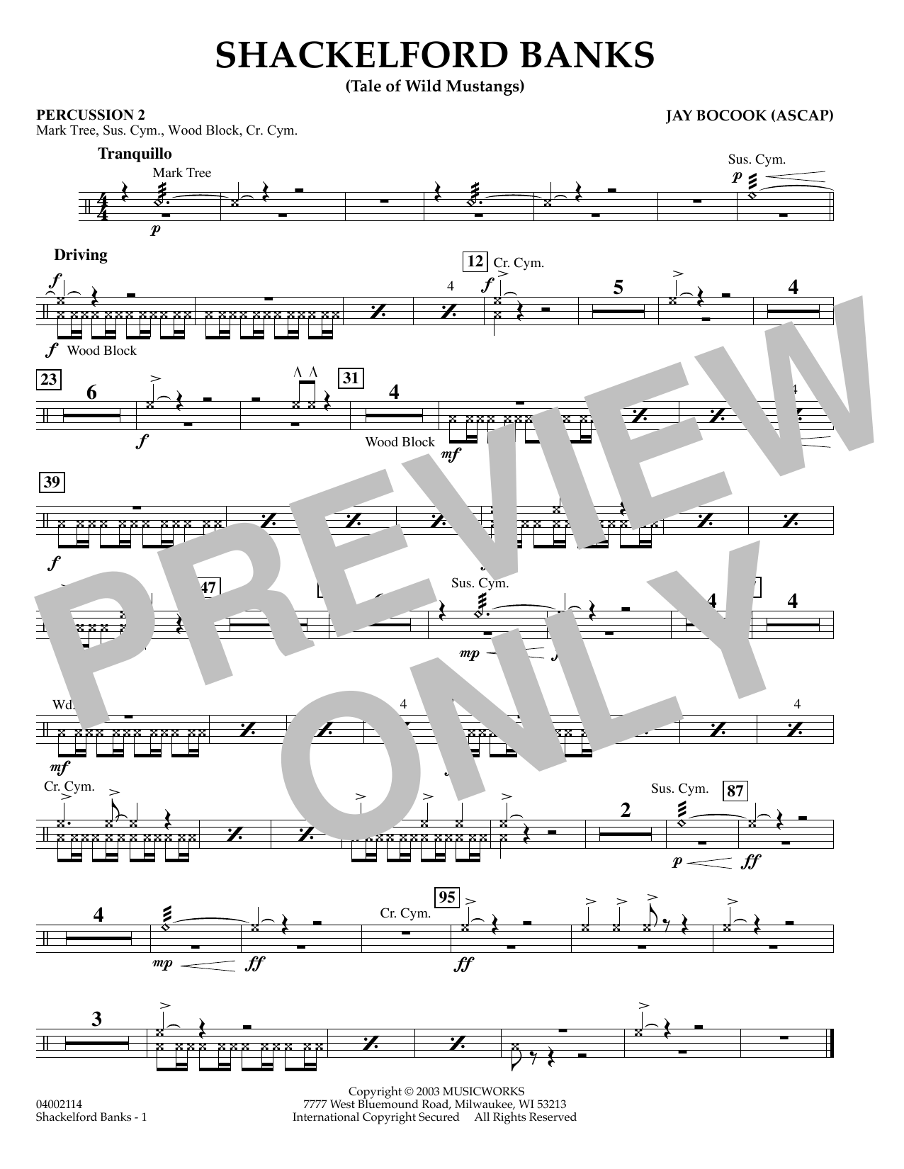 Learn to play Jay Bocook Shackelford Banks - Percussion 2 sheet music for Concert Band in minutes. Jay Bocook Shackelford Banks - Percussion 2 sheet music preview music notes and score for Concert Band including 1 page(s)