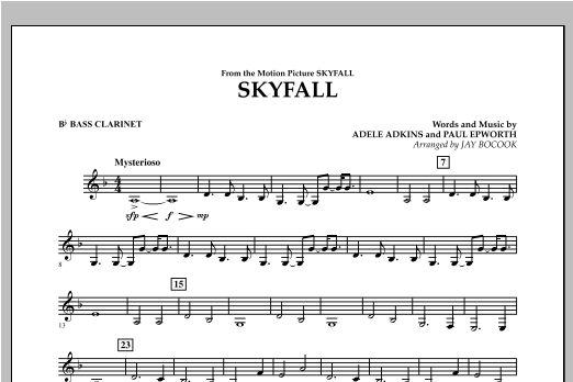 Learn to play Jay Bocook Skyfall - Bb Bass Clarinet sheet music for Concert Band in minutes. Jay Bocook Skyfall - Bb Bass Clarinet sheet music preview music notes and score for Concert Band including 1 page(s)