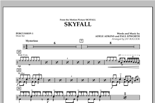 Jay Bocook Skyfall - Percussion 1 sheet music preview music notes and score for Concert Band including 1 page(s)