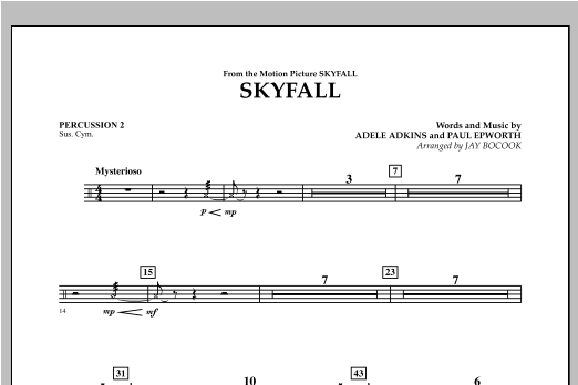 Jay Bocook Skyfall - Percussion 2 sheet music preview music notes and score for Concert Band including 1 page(s)