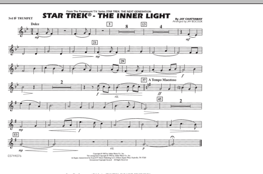 Learn to play Jay Bocook Star Trek - The Inner Light - 3rd Bb Trumpet sheet music for Marching Band in minutes. Jay Bocook Star Trek - The Inner Light - 3rd Bb Trumpet sheet music preview music notes and score for Marching Band including 1 page(s)