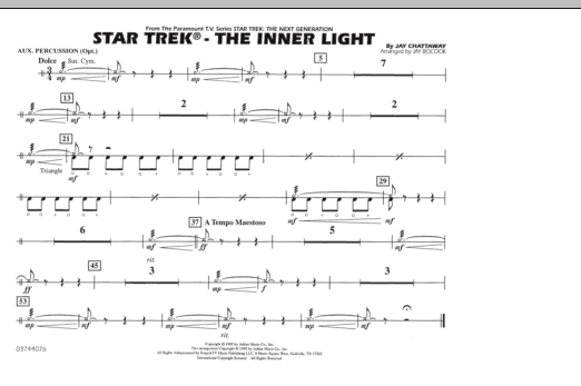 Learn to play Jay Bocook Star Trek - The Inner Light - Aux Percussion sheet music for Marching Band in minutes. Jay Bocook Star Trek - The Inner Light - Aux Percussion sheet music preview music notes and score for Marching Band including 1 page(s)