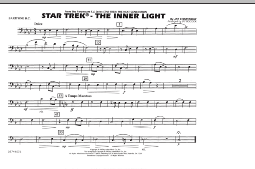 Learn to play Jay Bocook Star Trek - The Inner Light - Baritone B.C. sheet music for Marching Band in minutes. Jay Bocook Star Trek - The Inner Light - Baritone B.C. sheet music preview music notes and score for Marching Band including 1 page(s)