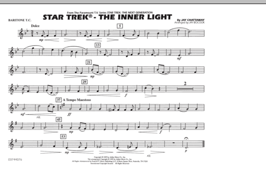 Learn to play Jay Bocook Star Trek - The Inner Light - Baritone T.C. sheet music for Marching Band in minutes. Jay Bocook Star Trek - The Inner Light - Baritone T.C. sheet music preview music notes and score for Marching Band including 1 page(s)