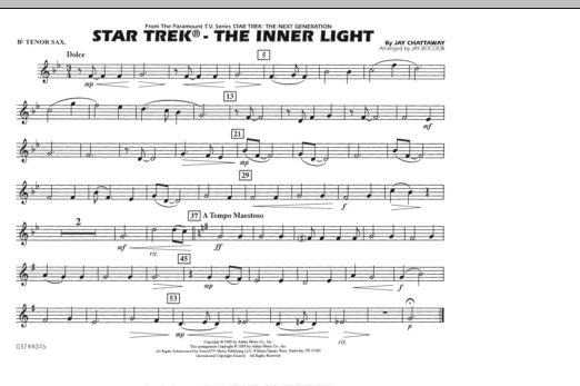 Learn to play Jay Bocook Star Trek - The Inner Light - Bb Tenor Sax sheet music for Marching Band in minutes. Jay Bocook Star Trek - The Inner Light - Bb Tenor Sax sheet music preview music notes and score for Marching Band including 1 page(s)