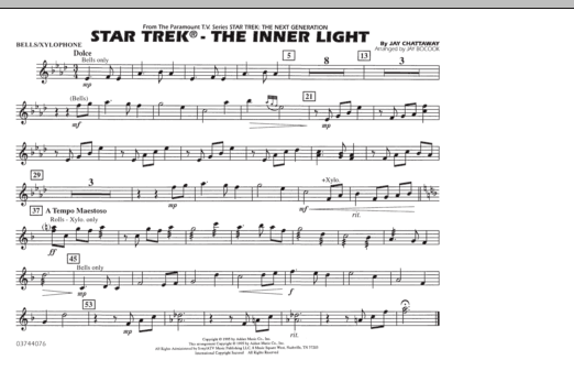 Learn to play Jay Bocook Star Trek - The Inner Light - Bells/Xylophone sheet music for Marching Band in minutes. Jay Bocook Star Trek - The Inner Light - Bells/Xylophone sheet music preview music notes and score for Marching Band including 1 page(s)