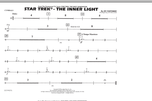 Learn to play Jay Bocook Star Trek - The Inner Light - Cymbals sheet music for Marching Band in minutes. Jay Bocook Star Trek - The Inner Light - Cymbals sheet music preview music notes and score for Marching Band including 1 page(s)
