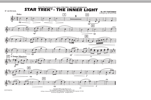 Learn to play Jay Bocook Star Trek - The Inner Light - Eb Alto Sax sheet music for Marching Band in minutes. Jay Bocook Star Trek - The Inner Light - Eb Alto Sax sheet music preview music notes and score for Marching Band including 1 page(s)