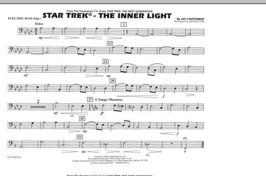 Learn to play Jay Bocook Star Trek - The Inner Light - Electric Bass sheet music for Marching Band in minutes. Jay Bocook Star Trek - The Inner Light - Electric Bass sheet music preview music notes and score for Marching Band including 1 page(s)