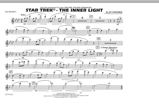Learn to play Jay Bocook Star Trek - The Inner Light - Flute/Piccolo sheet music for Marching Band in minutes. Jay Bocook Star Trek - The Inner Light - Flute/Piccolo sheet music preview music notes and score for Marching Band including 1 page(s)