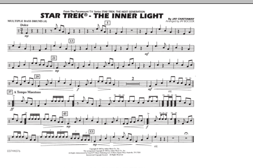 Learn to play Jay Bocook Star Trek - The Inner Light - Multiple Bass Drums sheet music for Marching Band in minutes. Jay Bocook Star Trek - The Inner Light - Multiple Bass Drums sheet music preview music notes and score for Marching Band including 1 page(s)