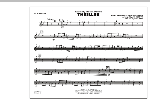 Learn to play Jay Bocook Thriller - 1st Bb Trumpet sheet music for Marching Band in minutes. Jay Bocook Thriller - 1st Bb Trumpet sheet music preview music notes and score for Marching Band including 1 page(s)