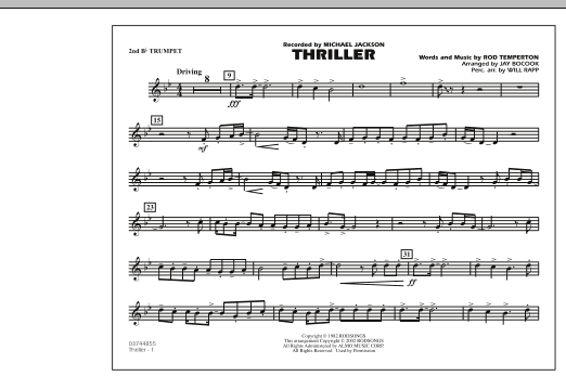 Learn to play Jay Bocook Thriller - 2nd Bb Trumpet sheet music for Marching Band in minutes. Jay Bocook Thriller - 2nd Bb Trumpet sheet music preview music notes and score for Marching Band including 1 page(s)
