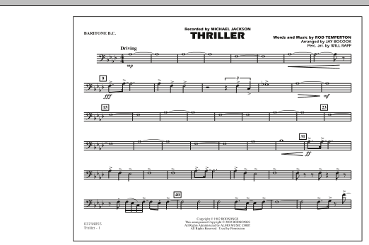 Learn to play Jay Bocook Thriller - Baritone B.C. sheet music for Marching Band in minutes. Jay Bocook Thriller - Baritone B.C. sheet music preview music notes and score for Marching Band including 1 page(s)