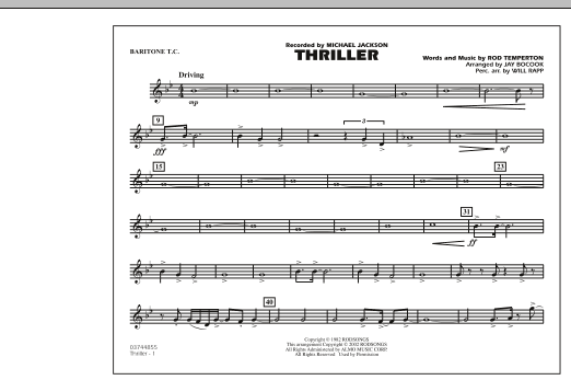 Learn to play Jay Bocook Thriller - Baritone T.C. sheet music for Marching Band in minutes. Jay Bocook Thriller - Baritone T.C. sheet music preview music notes and score for Marching Band including 1 page(s)