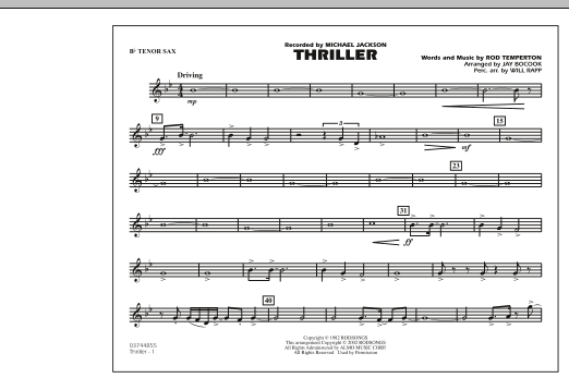 Learn to play Jay Bocook Thriller - Bb Tenor Sax sheet music for Marching Band in minutes. Jay Bocook Thriller - Bb Tenor Sax sheet music preview music notes and score for Marching Band including 1 page(s)