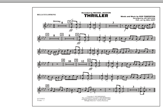 Learn to play Jay Bocook Thriller - Bells/Xylophone sheet music for Marching Band in minutes. Jay Bocook Thriller - Bells/Xylophone sheet music preview music notes and score for Marching Band including 1 page(s)