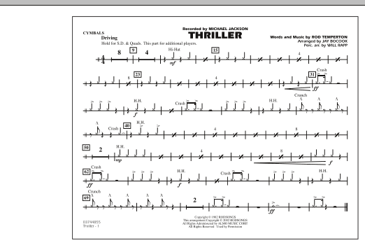 Learn to play Jay Bocook Thriller - Cymbals sheet music for Marching Band in minutes. Jay Bocook Thriller - Cymbals sheet music preview music notes and score for Marching Band including 1 page(s)