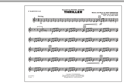 Learn to play Jay Bocook Thriller - Eb Baritone Sax sheet music for Marching Band in minutes. Jay Bocook Thriller - Eb Baritone Sax sheet music preview music notes and score for Marching Band including 1 page(s)