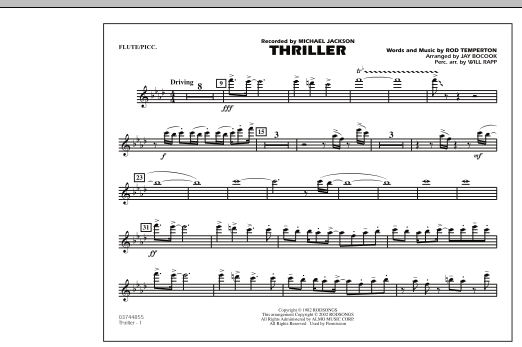 Learn to play Jay Bocook Thriller - Flute/Piccolo sheet music for Marching Band in minutes. Jay Bocook Thriller - Flute/Piccolo sheet music preview music notes and score for Marching Band including 1 page(s)