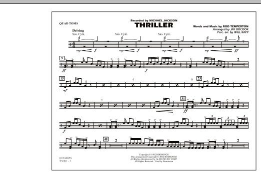 Learn to play Jay Bocook Thriller - Quad Toms sheet music for Marching Band in minutes. Jay Bocook Thriller - Quad Toms sheet music preview music notes and score for Marching Band including 1 page(s)