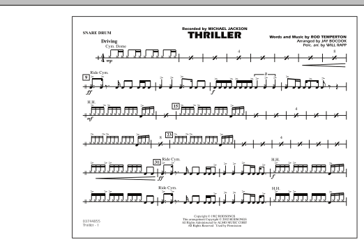 Learn to play Jay Bocook Thriller - Snare Drum sheet music for Marching Band in minutes. Jay Bocook Thriller - Snare Drum sheet music preview music notes and score for Marching Band including 1 page(s)