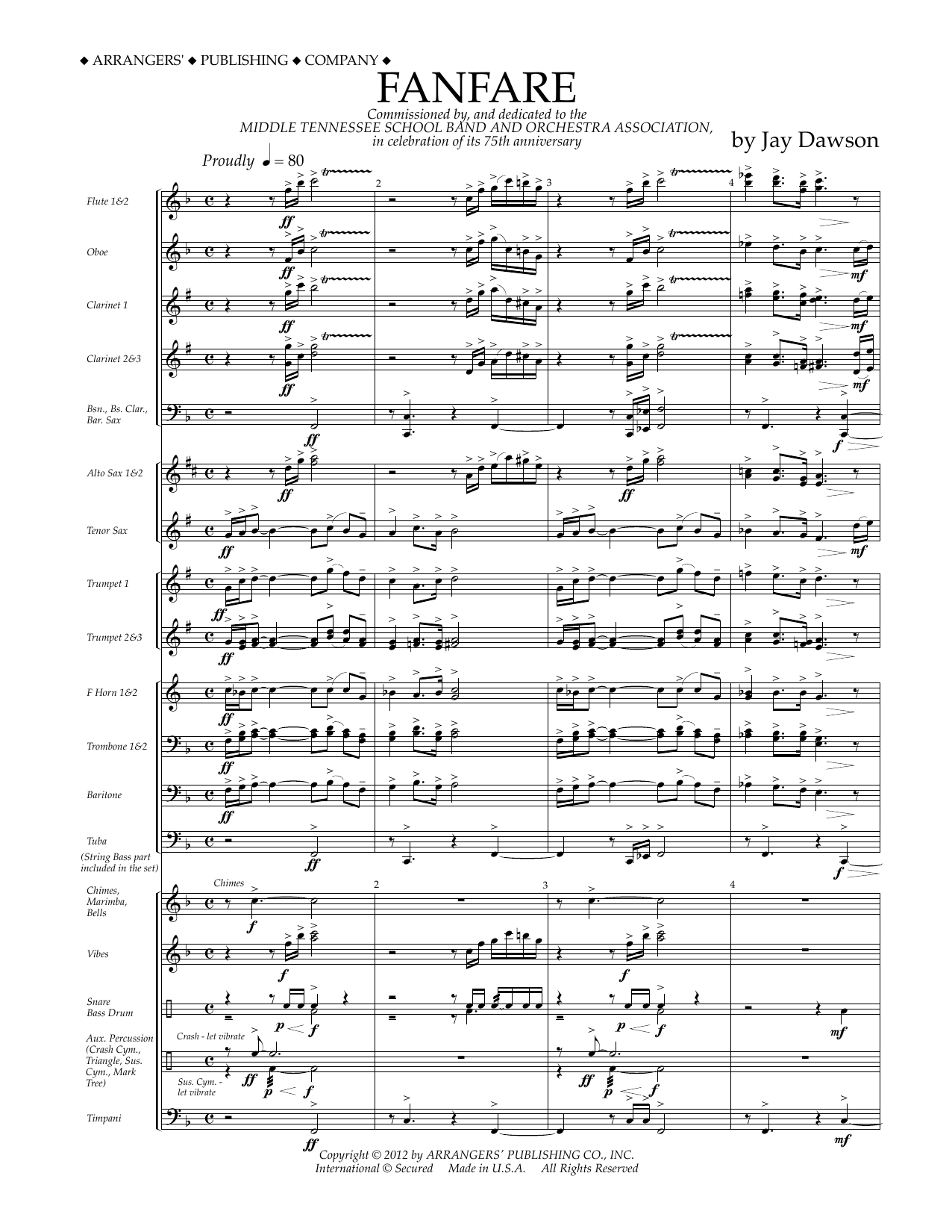 Learn to play Jay Dawson Fanfare - Full Score sheet music for Concert Band in minutes. Jay Dawson Fanfare - Full Score sheet music preview music notes and score for Concert Band including 12 page(s)
