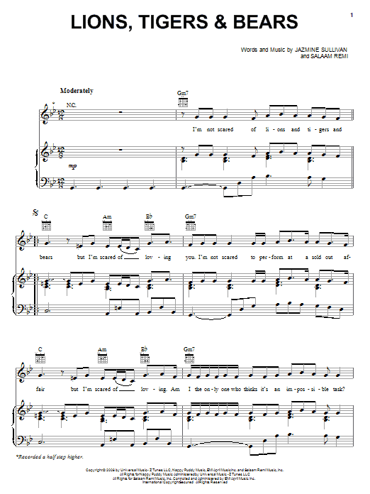 Jazmine Sullivan Lions, Tigers & Bears sheet music, chords, lyrics - Printable PDF for Piano, Vocal & Guitar (Right-Hand Melody)