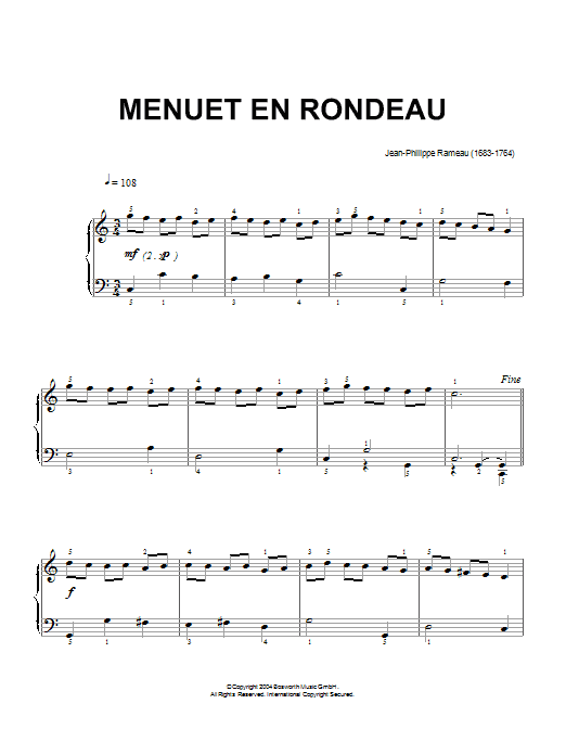 Jean-Philippe Rameau Menuet En Rondeau sheet music preview music notes and score for Piano including 2 page(s)