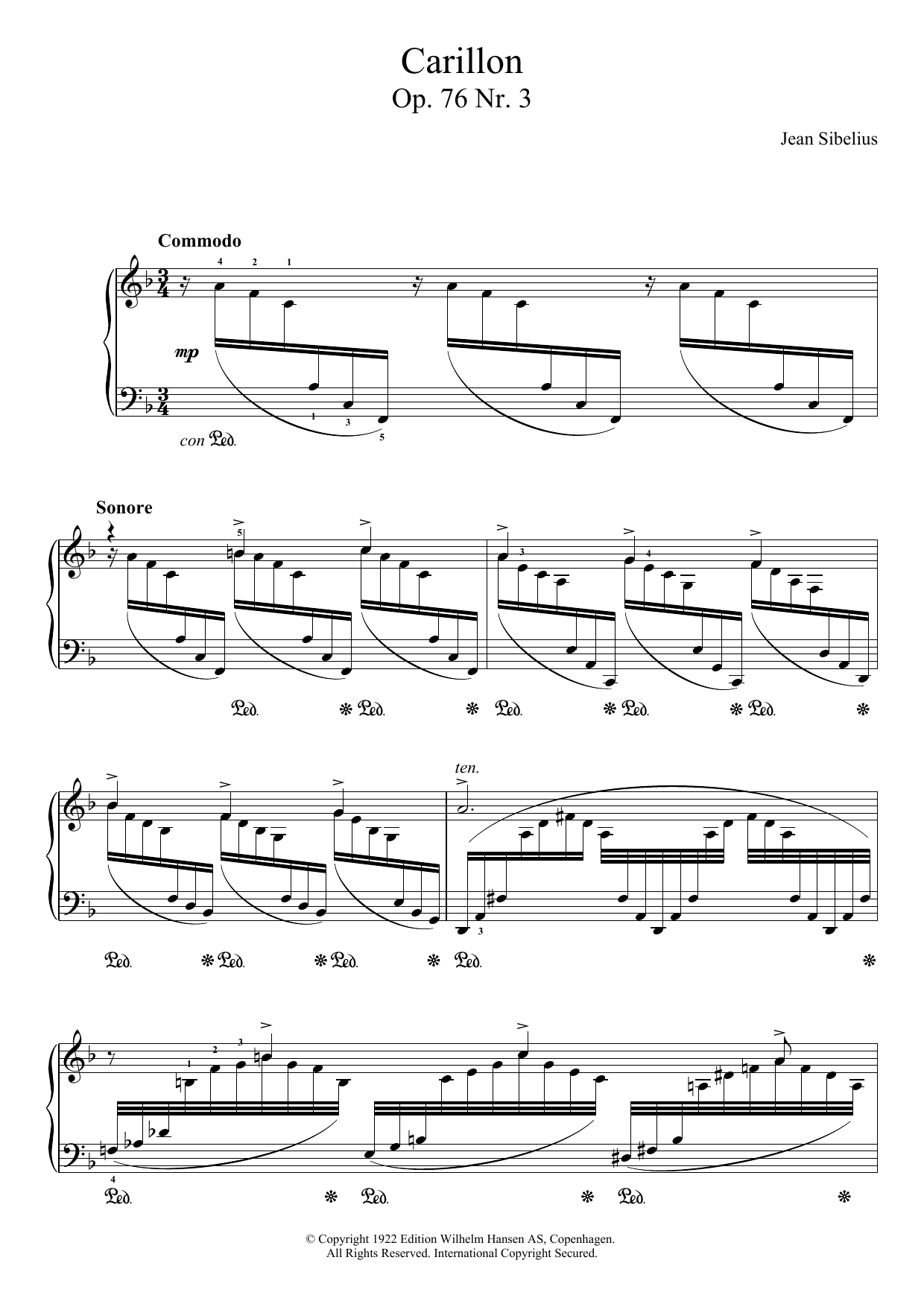 Jean Sibelius 13 Morceaux, Op.76 - III. Carillon sheet music, chords, lyrics - Printable PDF for Piano