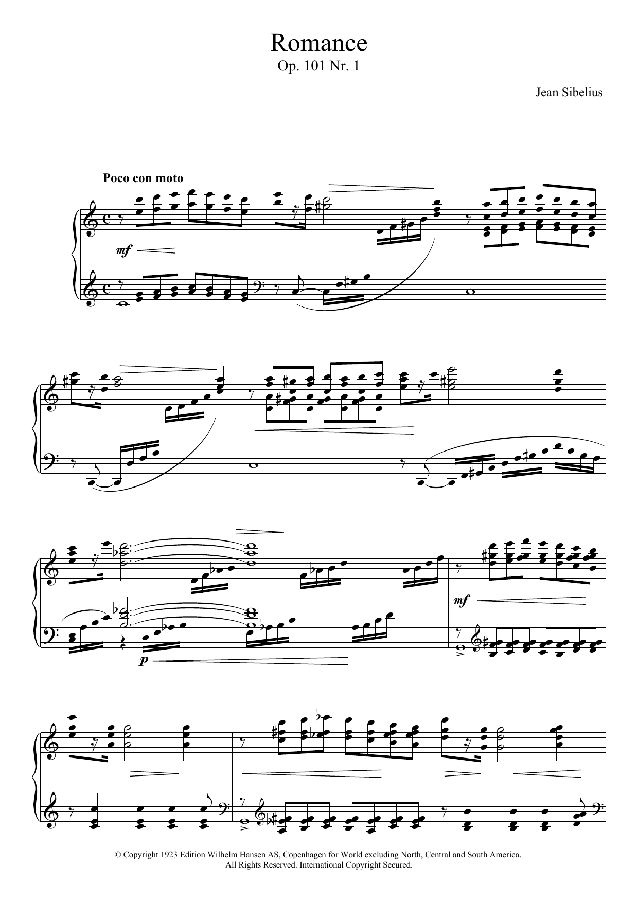 Jean Sibelius 5 Morceaux Romantiques, Op.101 - I. Romance sheet music, chords, lyrics - Printable PDF for Piano