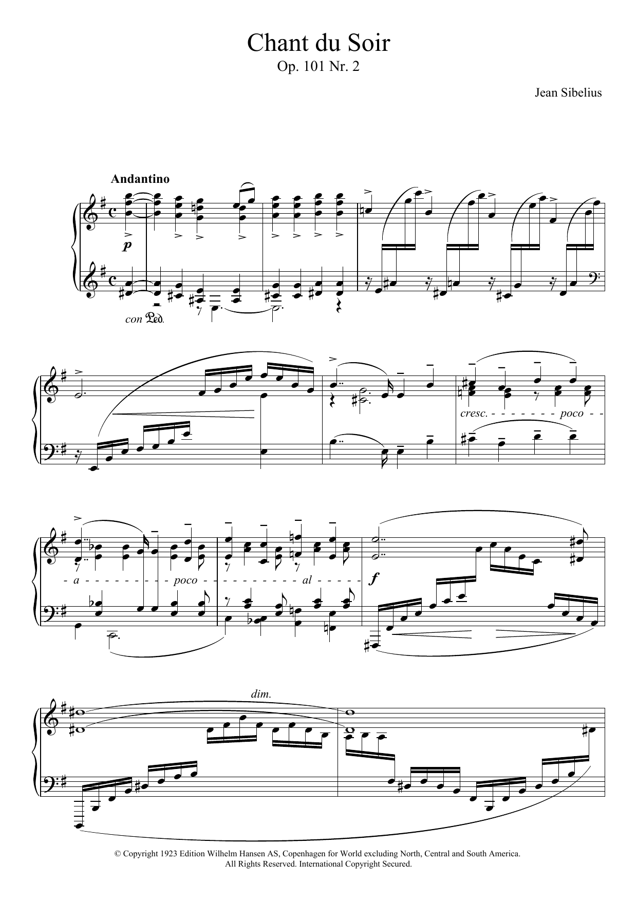 Jean Sibelius 5 Morceaux Romantiques, Op.101 - II. Chant Du Soir sheet music, chords, lyrics - Printable PDF for Piano