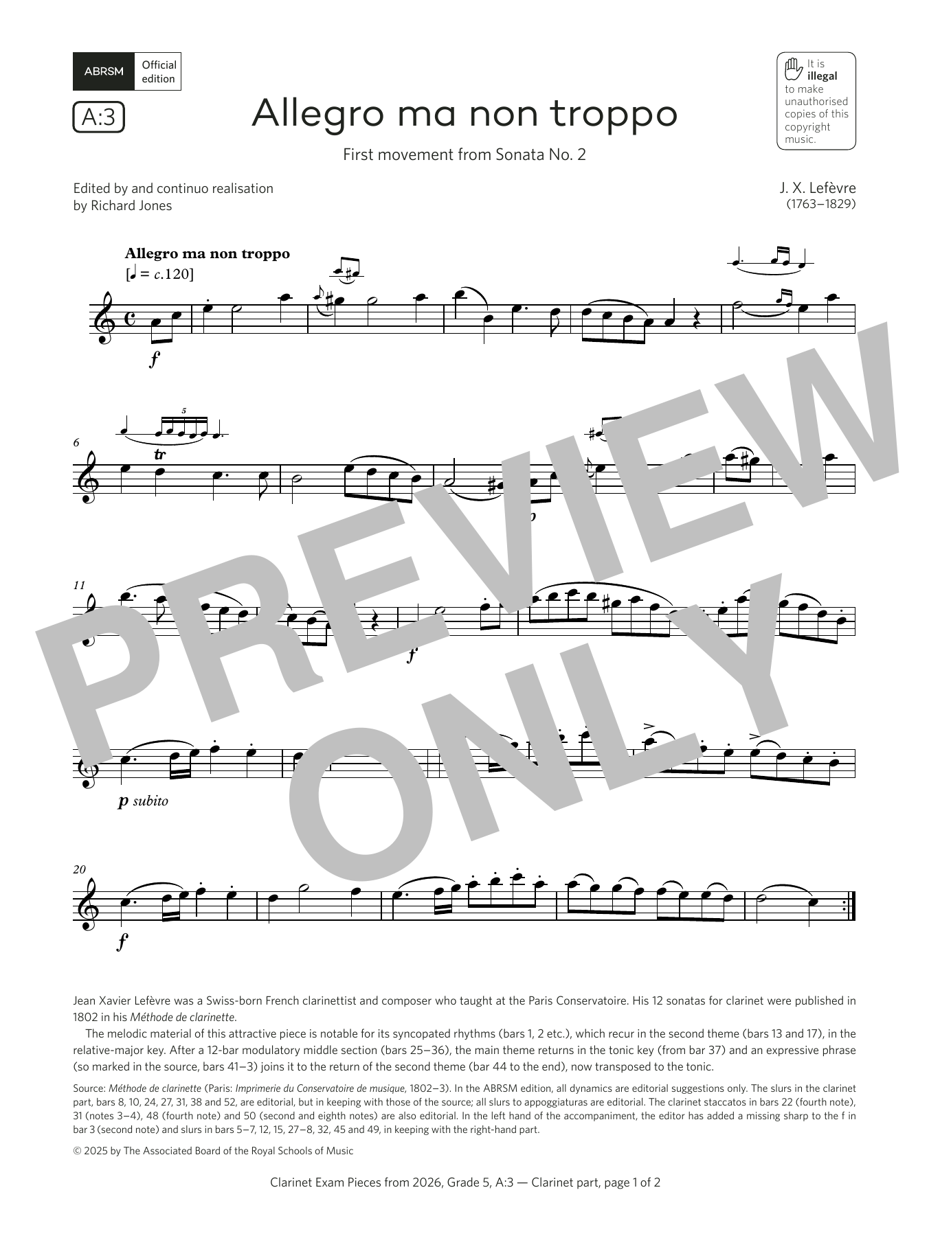 Jean Xavier Lefèvre Allegro ma non troppo (Grade 5, list A3, from the ABRSM Clarinet Syllabus from 2026) sheet music, chords, lyrics - Printable PDF for Clarinet Solo