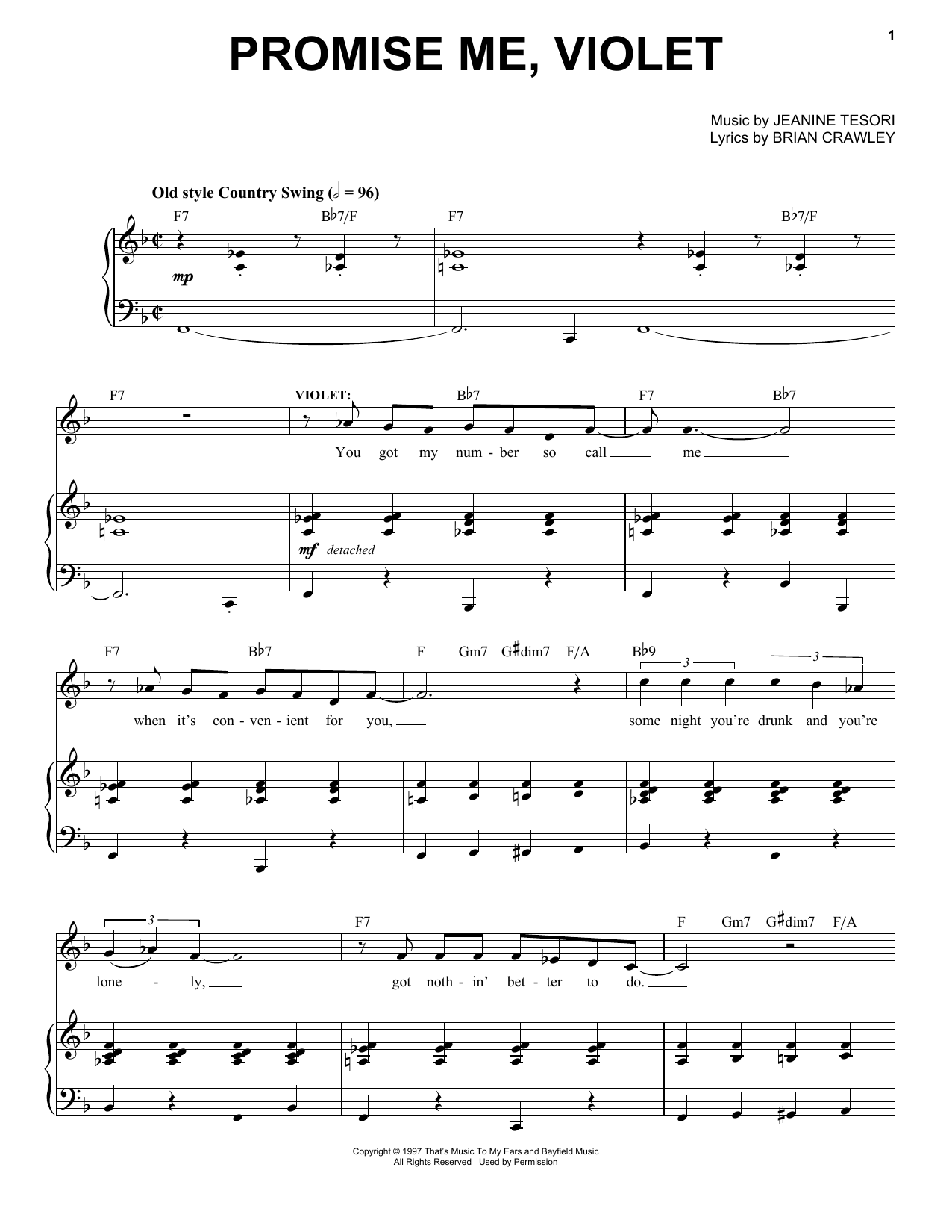 Jeanine Tesori Promise Me, Violet sheet music, chords, lyrics - Printable PDF for Piano & Vocal