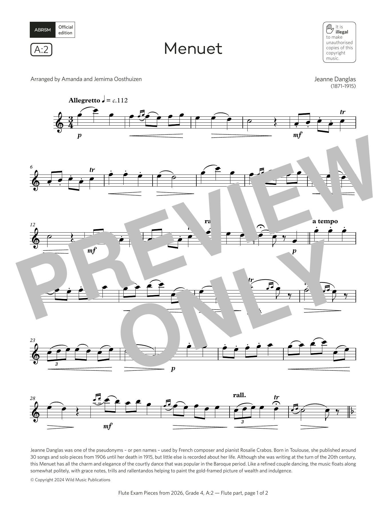 Jeanne Danglas Menuet (Grade 4, list A2, from the ABRSM Flute Syllabus from 2026) sheet music, chords, lyrics - Printable PDF for Flute Solo