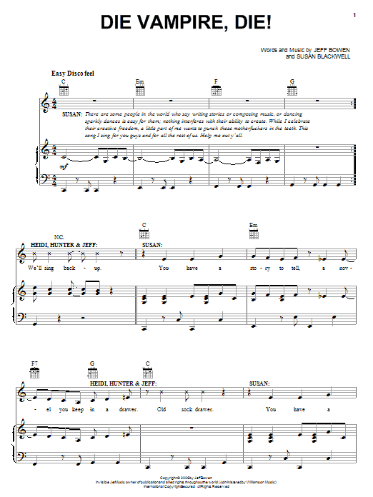 Jeff Bowen Die Vampire, Die! sheet music, chords, lyrics - Printable PDF for Piano, Vocal & Guitar (Right-Hand Melody)