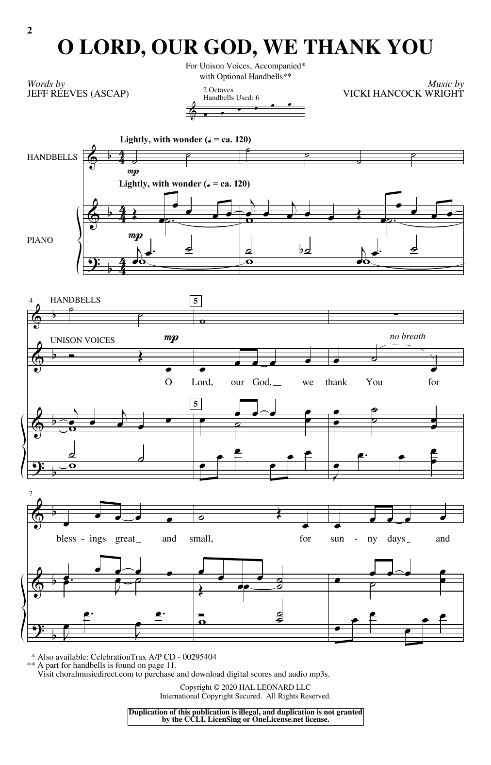 Jeff Reeves and Vicki Hancock Wright O Lord, Our God, We Thank You sheet music, chords, lyrics - Printable PDF for Unison Choir