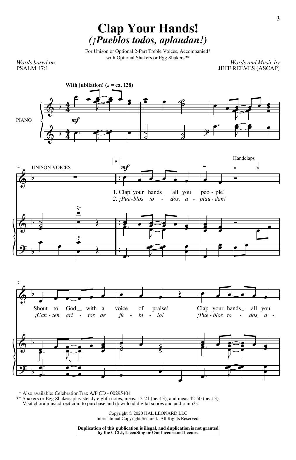 Jeff Reeves Clap Your Hands! (Pueblo todos, aplaudan!) sheet music, chords, lyrics - Printable PDF for Unison Choir