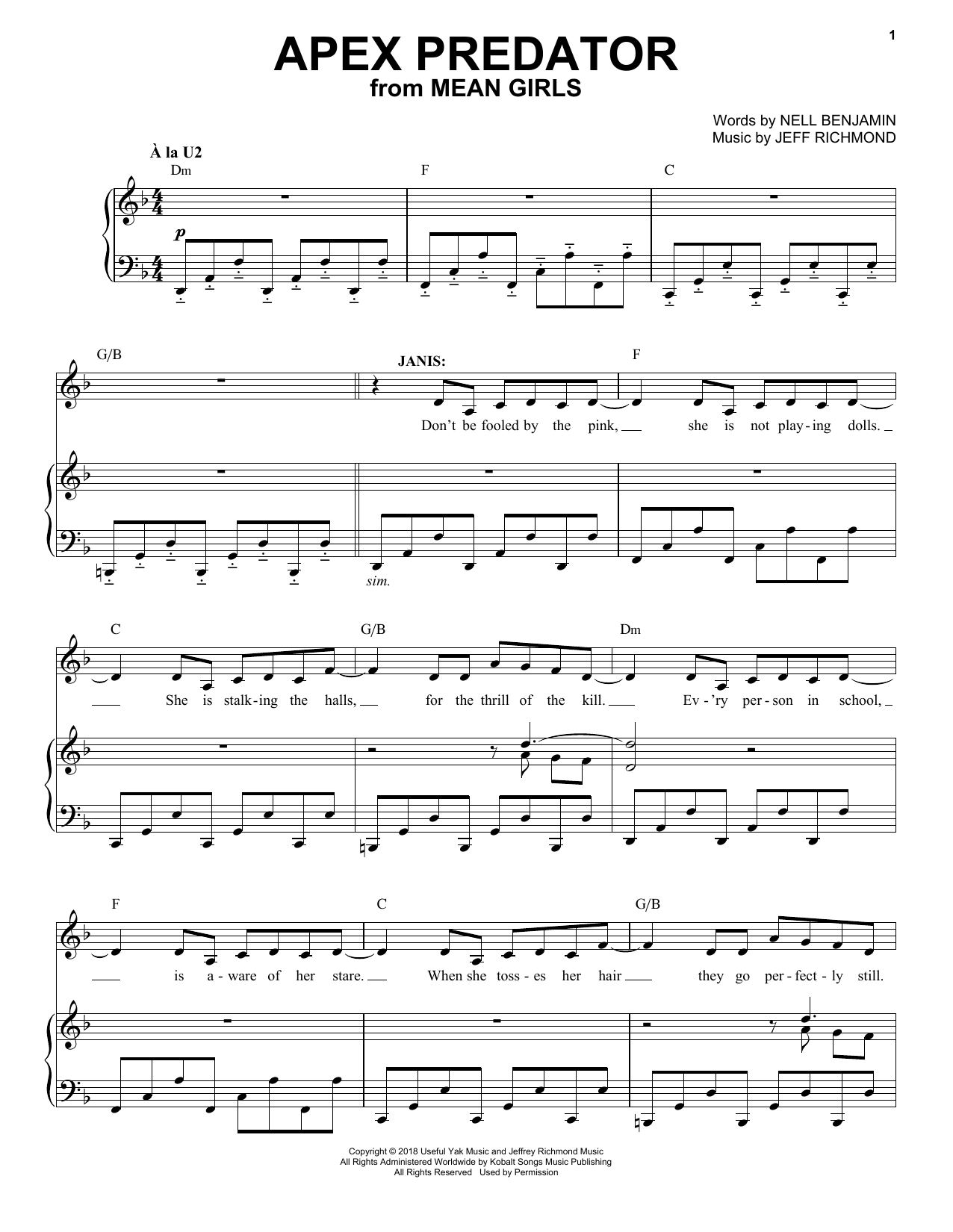 Jeff Richmond & Nell Benjamin Apex Predator (from Mean Girls: The Broadway Musical) sheet music, chords, lyrics - Printable PDF for Easy Piano