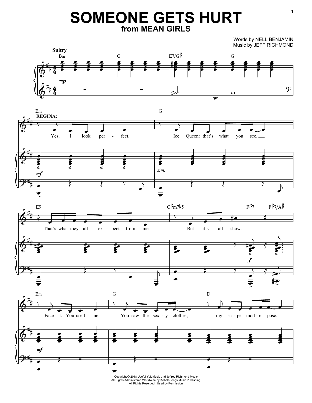 Jeff Richmond & Nell Benjamin Someone Gets Hurt (from Mean Girls: The Broadway Musical) sheet music, chords, lyrics - Printable PDF for Easy Piano