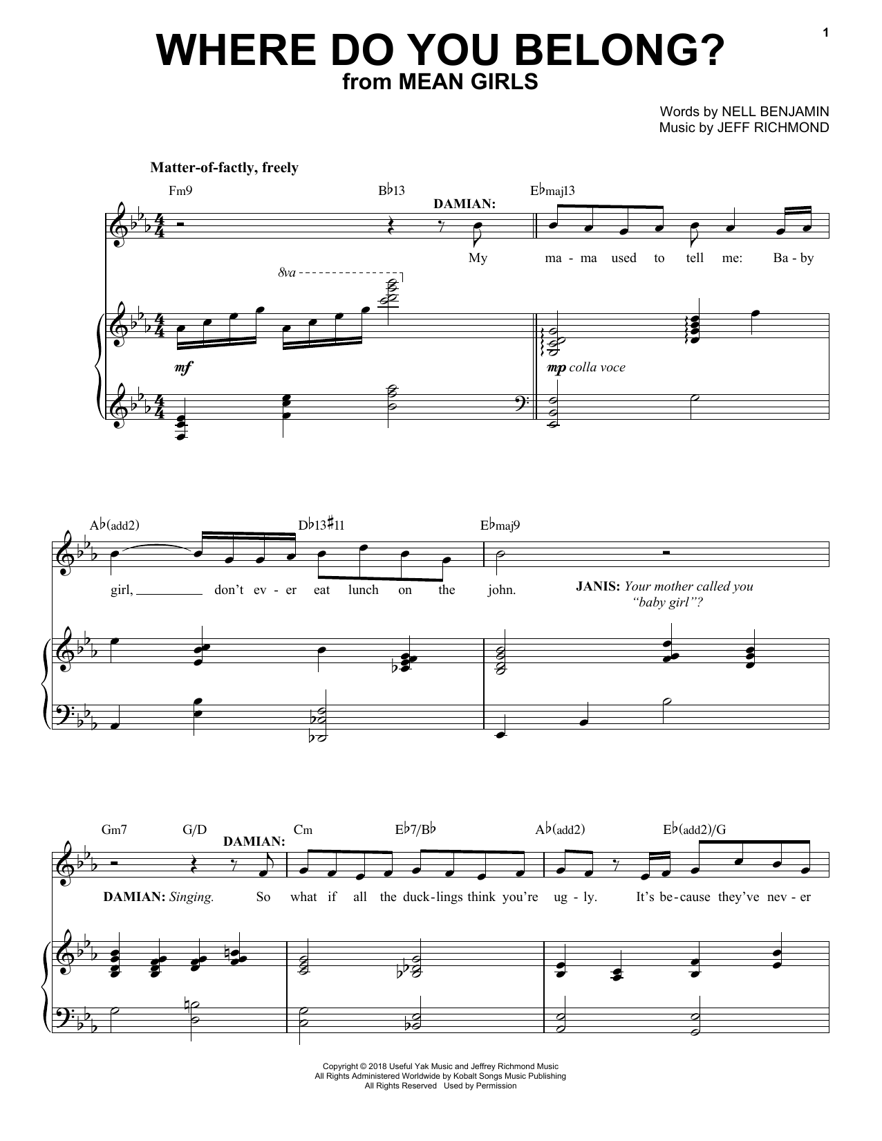 Jeff Richmond & Nell Benjamin Where Do You Belong? (from Mean Girls: The Broadway Musical) sheet music, chords, lyrics - Printable PDF for Easy Piano