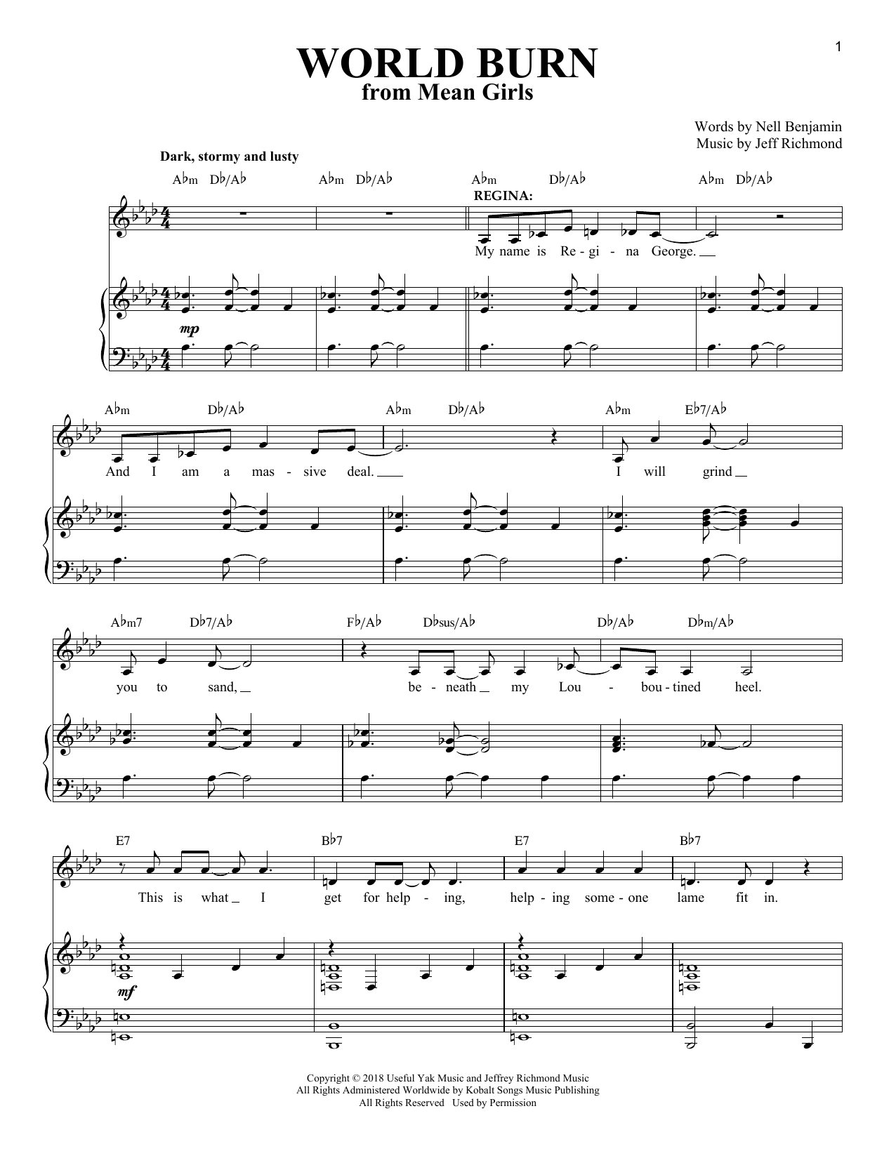 Jeff Richmond & Nell Benjamin World Burn (Solo Version) (from Mean Girls: The Broadway Musical) sheet music, chords, lyrics - Printable PDF for Piano & Vocal